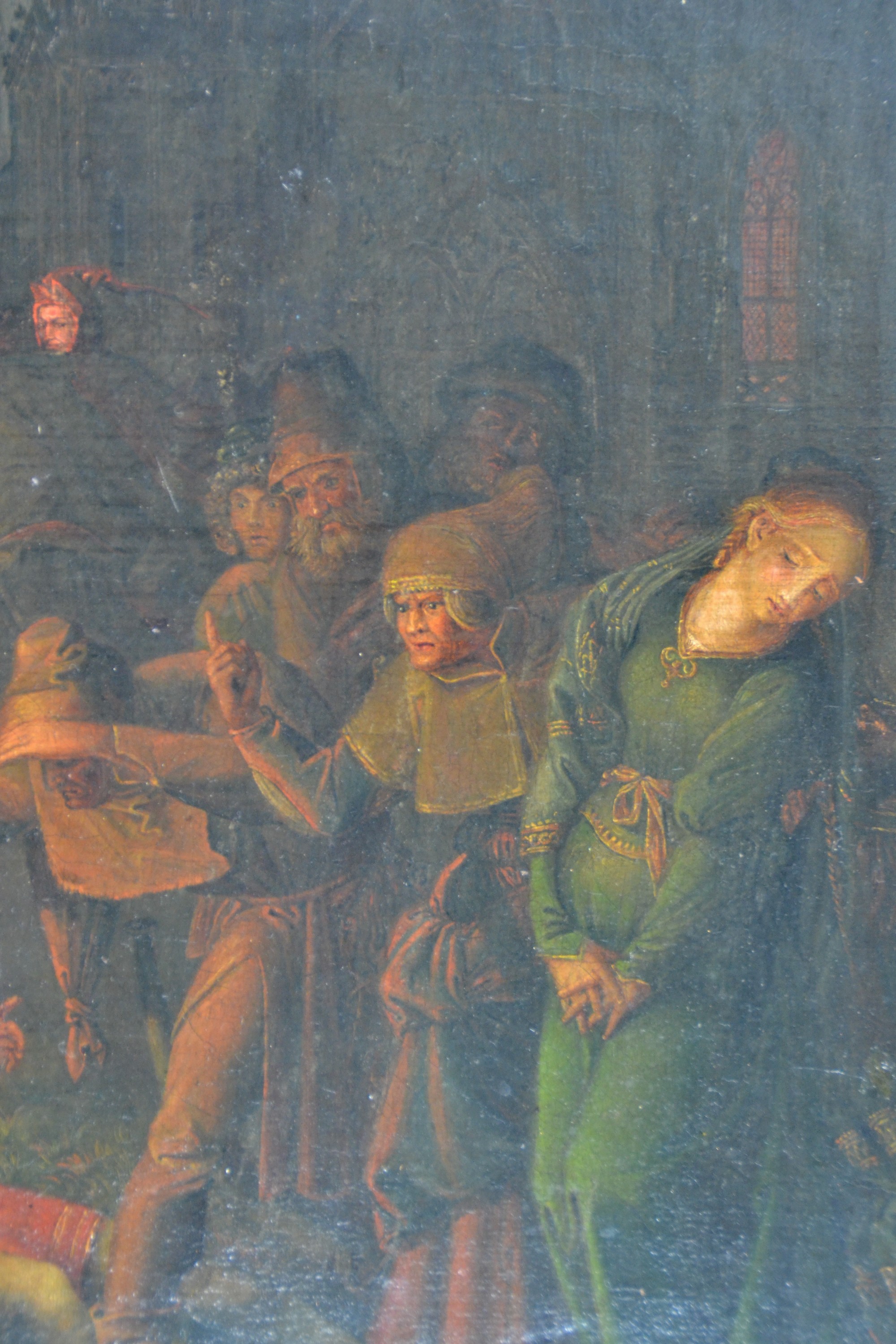 Detail c: Unbekannter Künstler, um 1830-40, vielfigurige Szene um einen gefallenen Krieger in einer mittelalterlichen Stadt, Öl/Lwd, rest., Keilrahmen ...