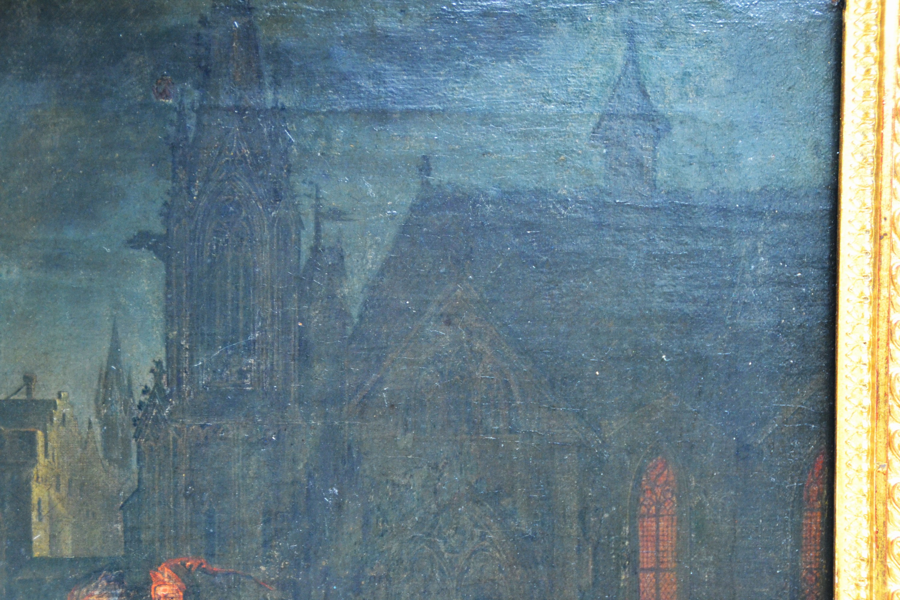 Detail d: Unbekannter Künstler, um 1830-40, vielfigurige Szene um einen gefallenen Krieger in einer mittelalterlichen Stadt, Öl/Lwd, rest., Keilrahmen ...