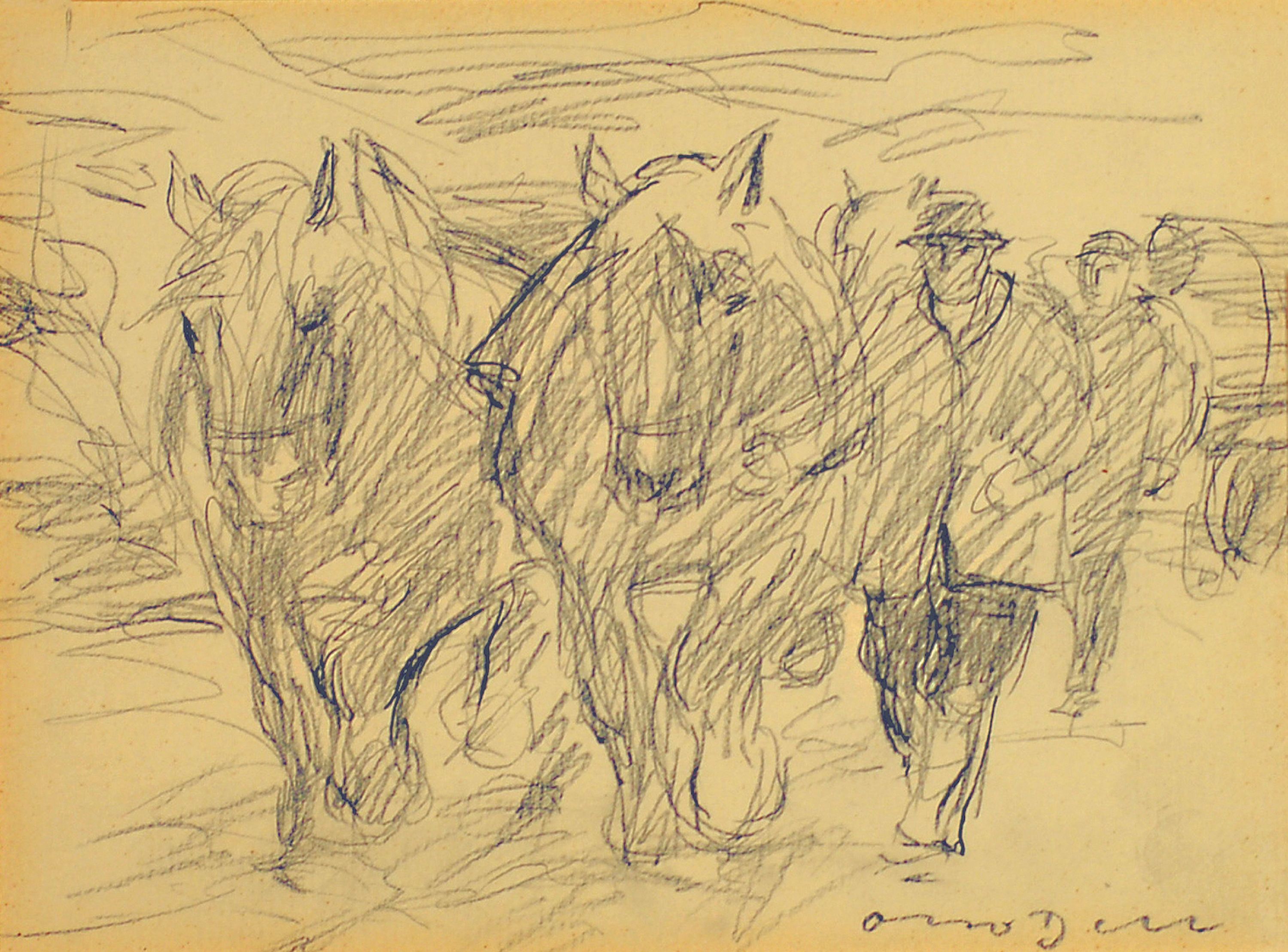 Prof Otto Dill, 1884 Neustadt-1957 Bad Dürkheim, Bleistiftzeichnung, zwei Bauern mit einem Paar Pferdefuhrwerke, PP Ausschnitt 17x22 cm, unter Glas ...