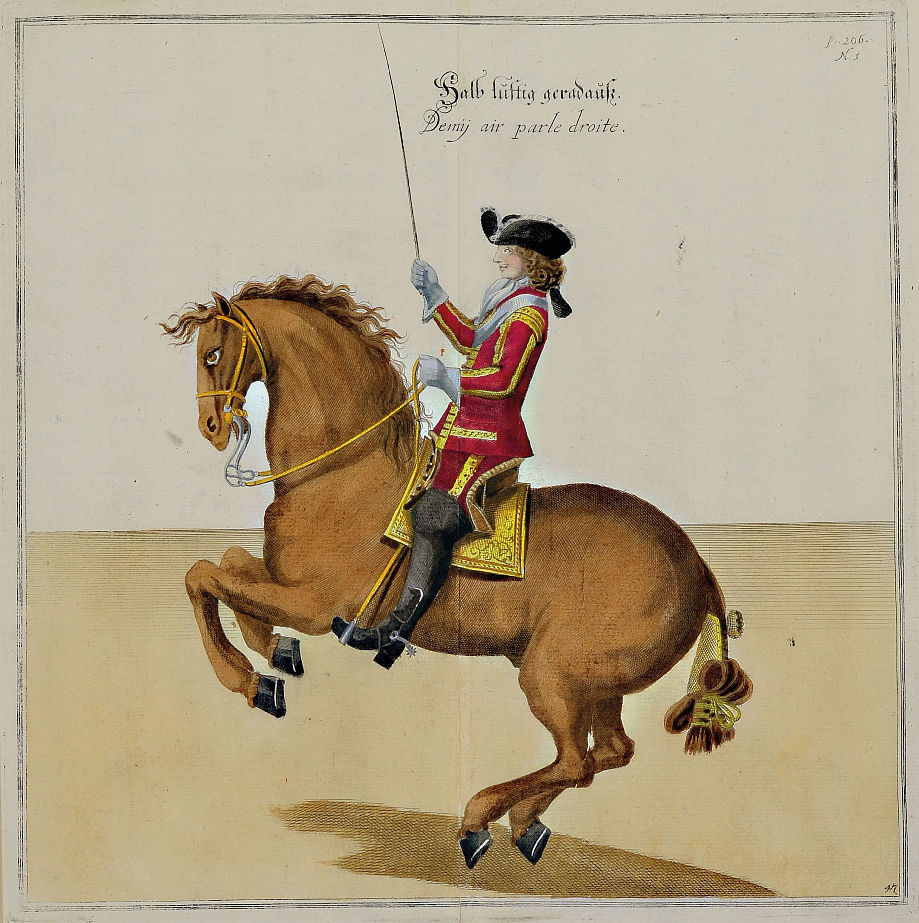 Detail a: Reitschule: 4 Druckgrafiken des 18. Jahrhunderts, Johann Elias Ridinger (1698 -1767): "Gepanzerte oder mit einer jacke bekleidete Leib und Camer ...