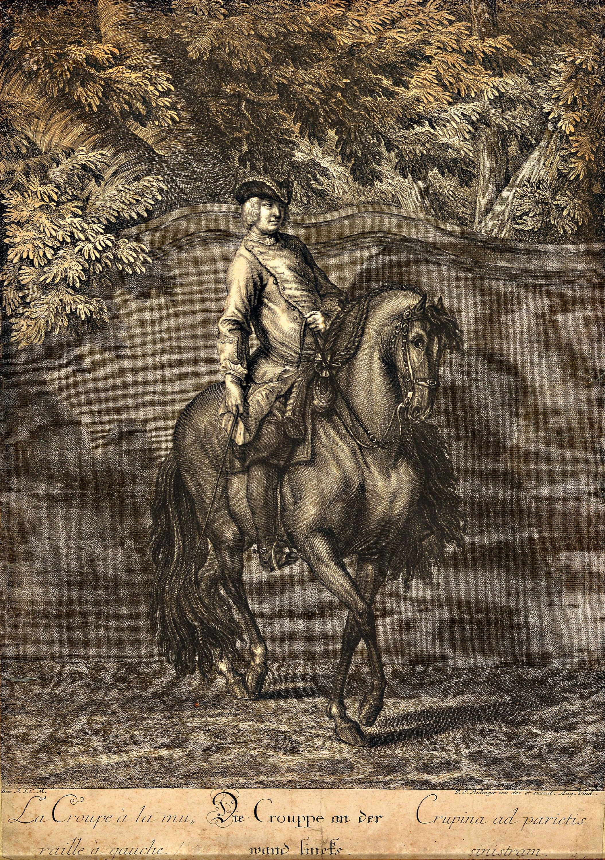 Detail b: Reitschule: 4 Druckgrafiken des 18. Jahrhunderts, Johann Elias Ridinger (1698 -1767): "Gepanzerte oder mit einer jacke bekleidete Leib und Camer ...