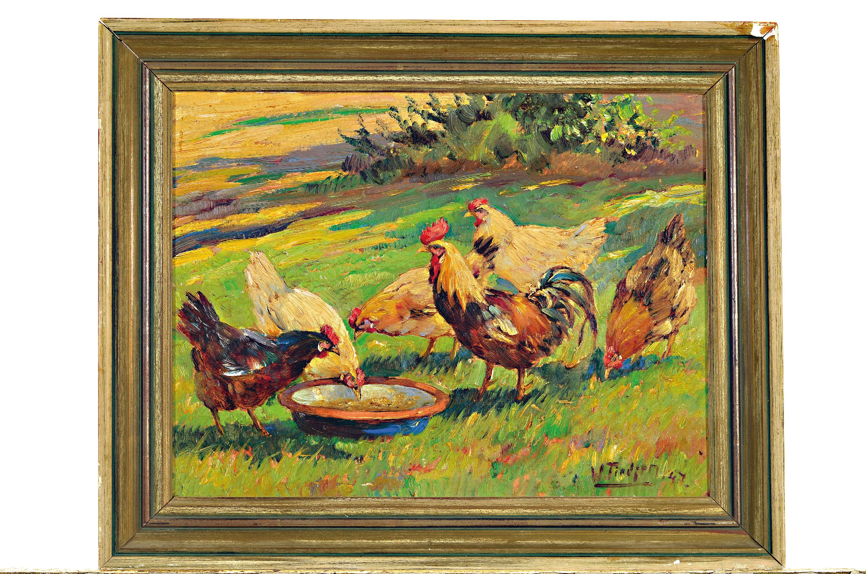 Detail k: Willy Tiedjen, 1881 Hamburg-1950 München, Hahn und Hühner am Futtertrog, signiert und datiert 1947, Öl/Platte, 31x40 cm, Rahmen 40x49 cm