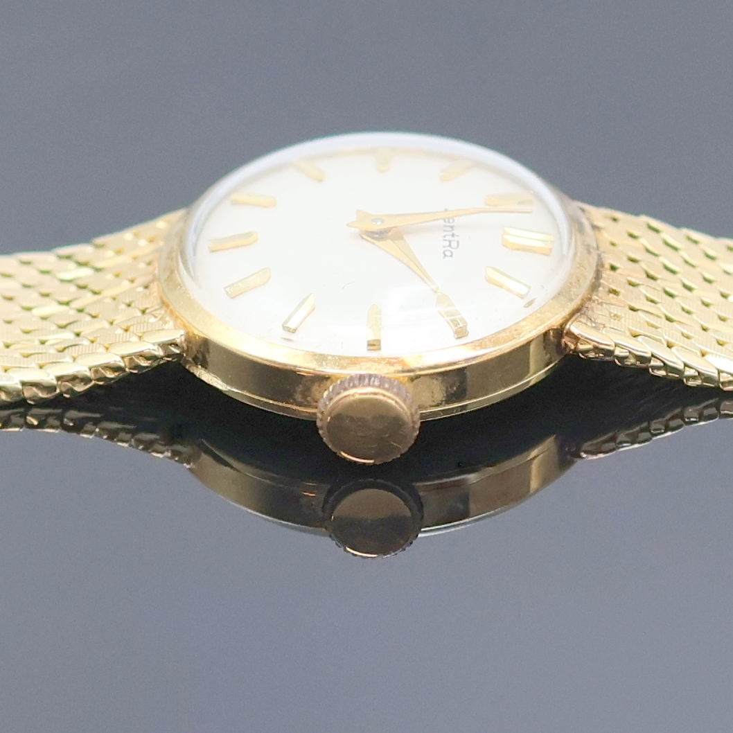 Detail d: ZentRa Damenarmbanduhr in GG 585/000, Schweiz um 1965, Handaufzug, 2-teil. Geh. m. orig. Milanaiseband u. orig. Klappschl. in GG 585/000, Boden ...