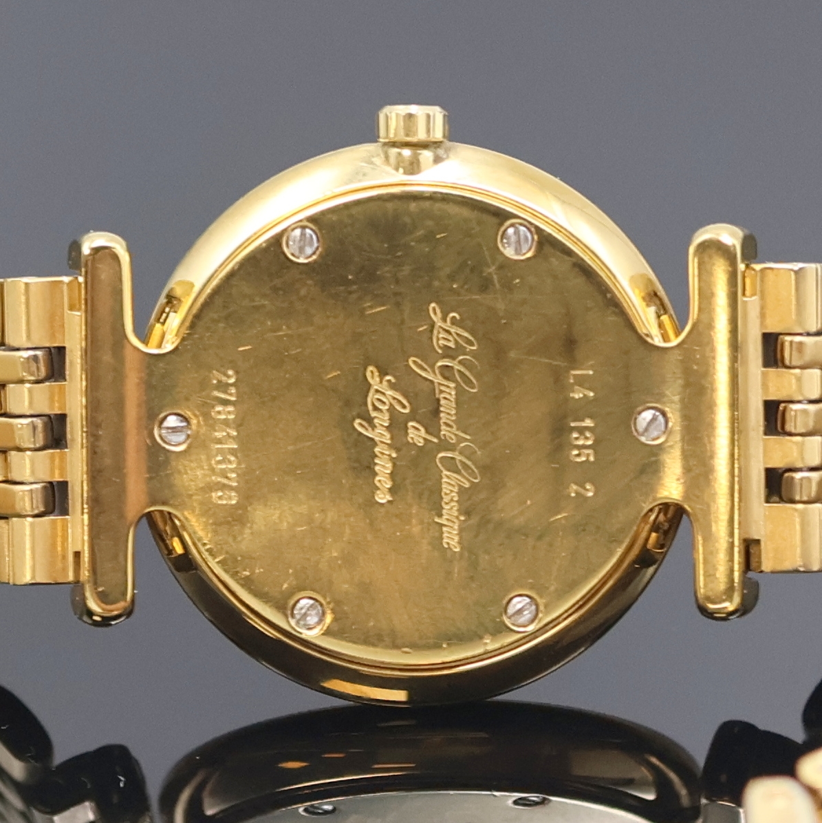 Detail f: LONGINES La Grande Classique vergoldete Damenarmbanduhr Referenz L4 135 2, Schweiz um 1990, Quarz, 2-teil. Geh., Boden m. Signatur 6-fach verschr., ...