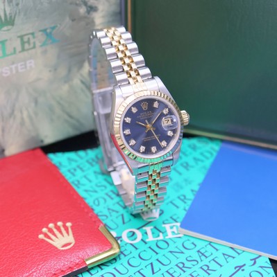 26970903b - ROLEX Datejust Referenz 69173 Damenarmbanduhr in Stahl/Gold mit Box und LC 100-Papier, ...