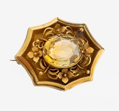 Image 26970981 - 18 kt Gold Citrin-Brosche, um 1900, GG 750/000 gepr., achtpassige Grundform, ...