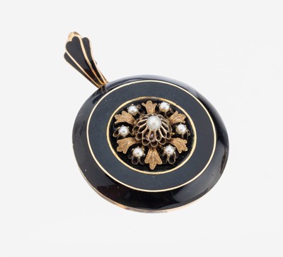 Image 26970984 - 14 kt Gold Email-Perl-Brosche, um 1860-80, GG 585/000 gepr., rund, mittig aufgelegte ...