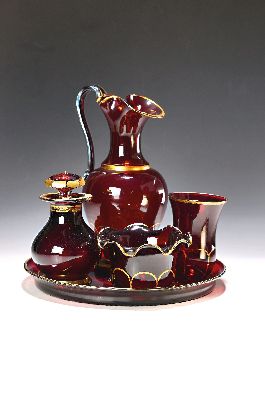 Image 26971001 - Biedermeier Glasset, um 1840/50, farbloses Glas rubiniert, Goldstaffage, Karaffe, Glas, ...