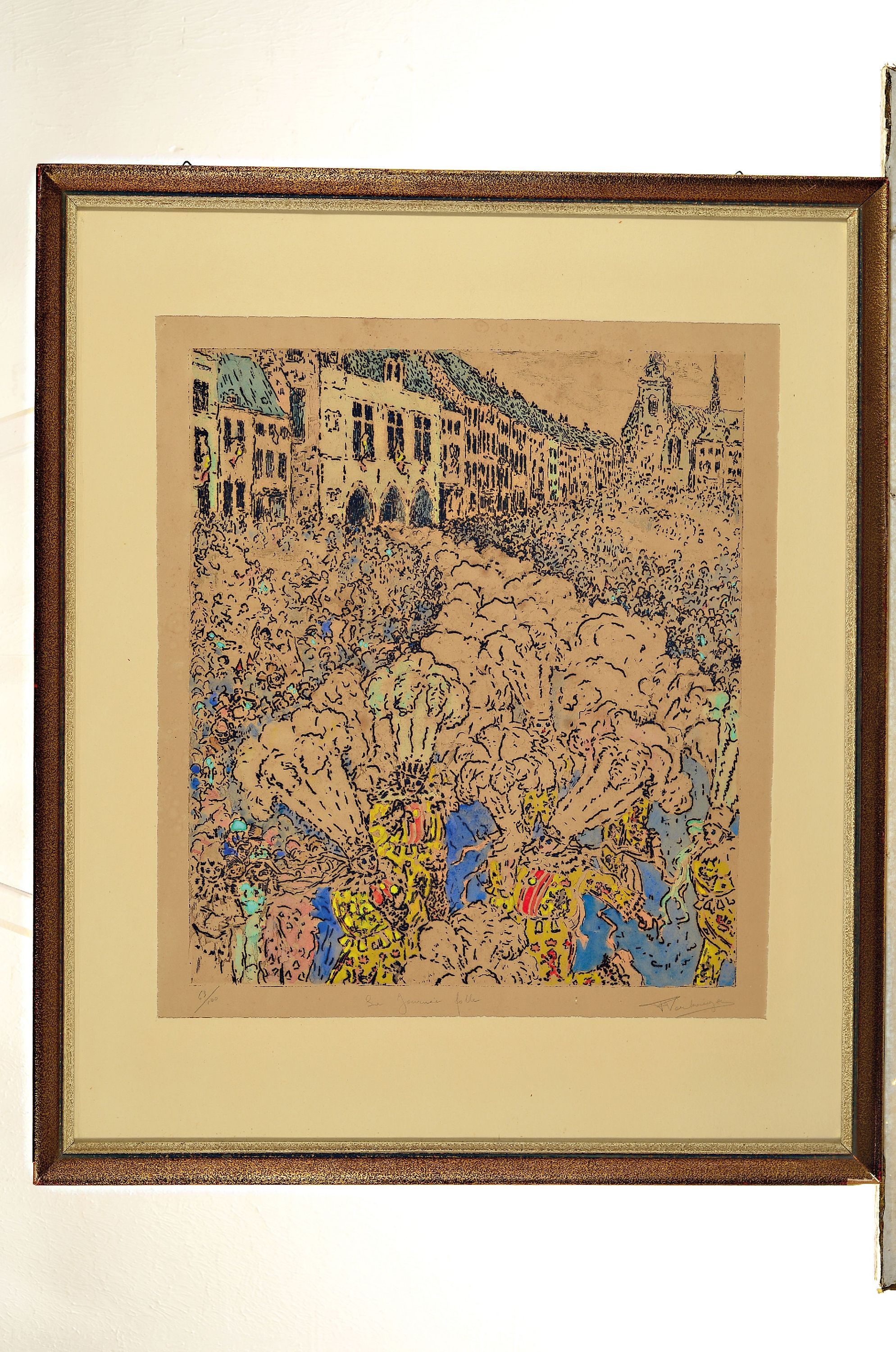 Detail k: Fernand Verhaegen, 1883-1975, belgisch, Radierung "La journee folle", Ed. 63/100, handsigniert und betitelt, unter Glas gerahmt 64x53 cm