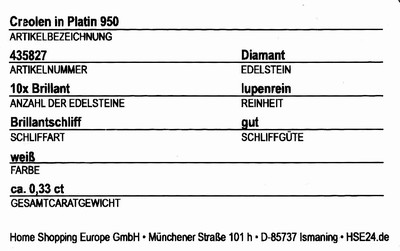 Image 26972210a - Paar Platin Brillant-Ohrcreolen,   Pt 950, 10Brillanten zus. ca. 0.33 ct Weiß/lr, ...