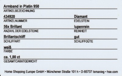 26972211a - Platin Brillant-Armband, Pt 950, part. sat., 56 Brillanten zus. ca. 1.00 ct ...