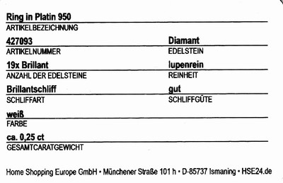 26972212a - Platin Brillant-Ring, Pt 950, 19 Brillantenzus. ca. 0.25 ct Weiß/lr, RW 57, ca. ...