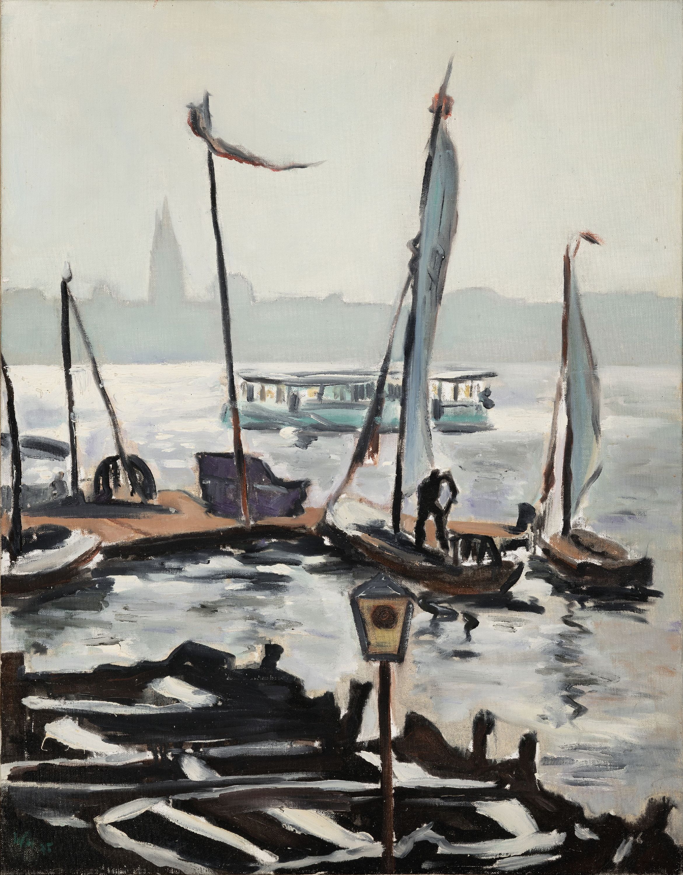 Detail k: Werner Müller, 1921-1987 Karlsruhe, Blick über den Rhein mit Segelbooten und Ausflugsschiff, im Hintergrund eine Stadt mit Kirche, Öl/Lwd, links ...