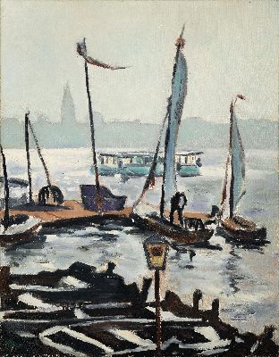 Image 26972390 - Werner Müller, 1921-1987 Karlsruhe, Blick über den Rhein mit Segelbooten und ...