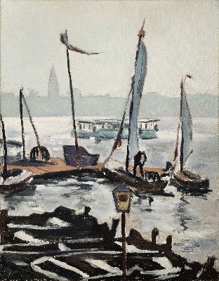 26972390k - Werner Müller, 1921-1987 Karlsruhe, Blick über den Rhein mit Segelbooten und ...