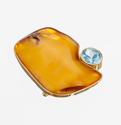Image 26972398 - 14 kt Gold Bernstein-Topas-Brosche, GG 585/000, abstraktes Design, Butterscotch- ...