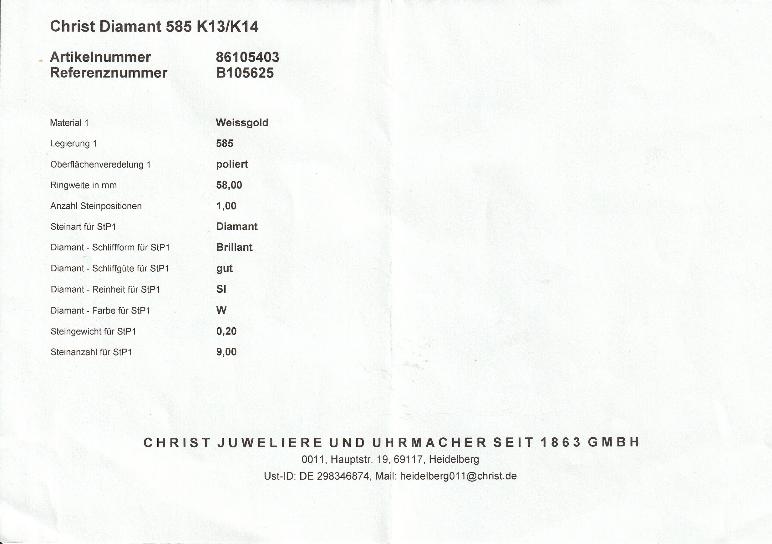 Detail a: 14 kt Gold CHRIST Brillant-Ring, WG 585/000, 9 Brillanten zus. ca. 0.20 ct Weiß/si, RW 58, ca. 2.2 g, Zertifikat anbei