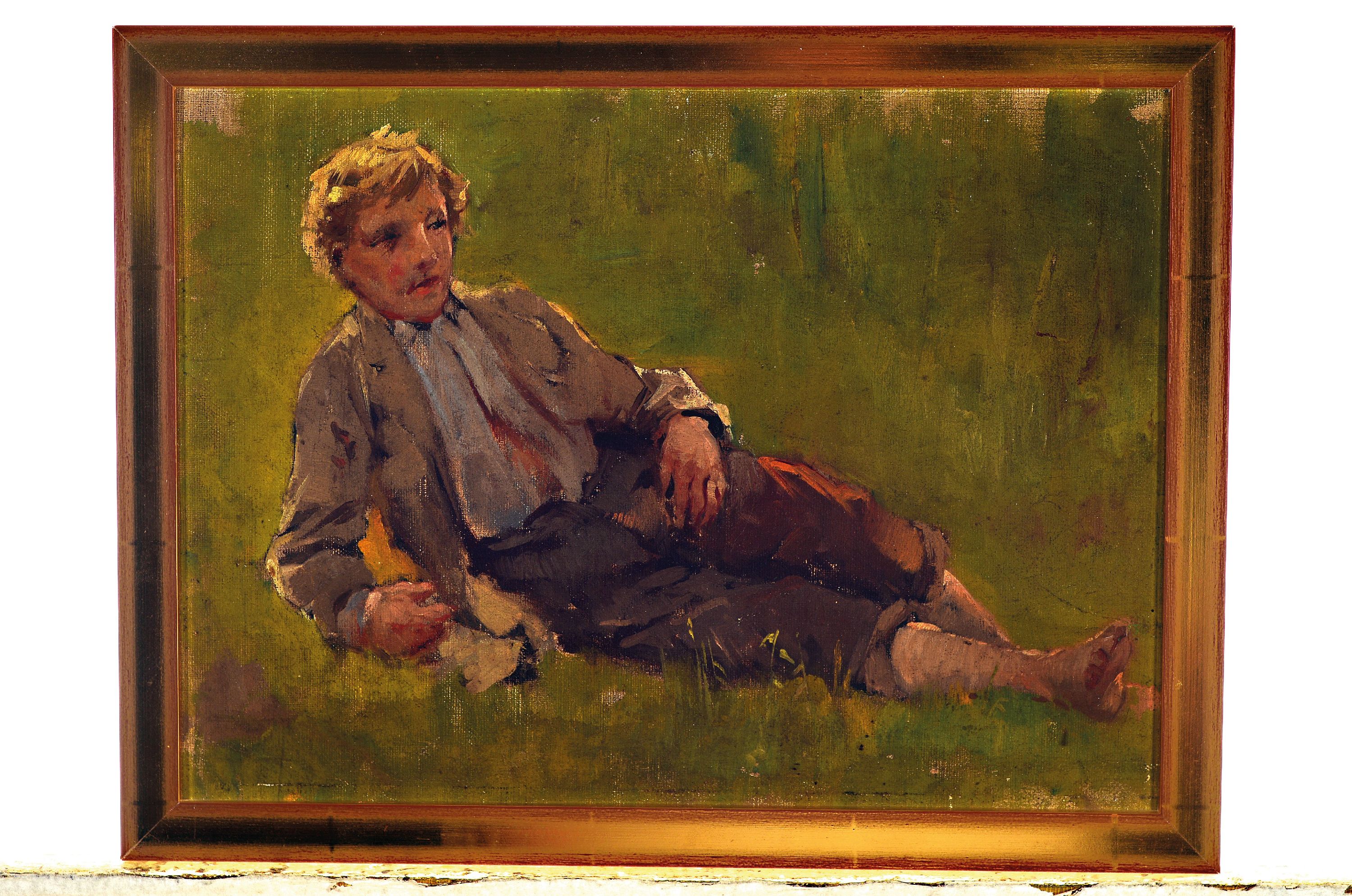 Detail k: Zuschreibung: Friedrich Ortlieb, 1839 Stuttgart-1909 München, Studie eines blondenKnaben im Gras liegend, Öl/Karton, verso sekundär bezeichnet, ...