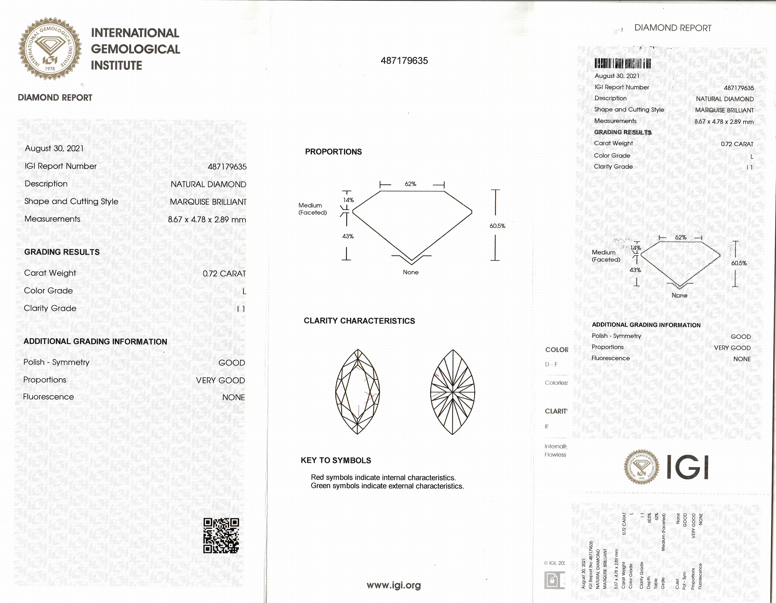 Detail a: Diamant Navette 0.72 ct get.(L)/p1, eingeschweißt, IGI-Diamond-Report 08/2021