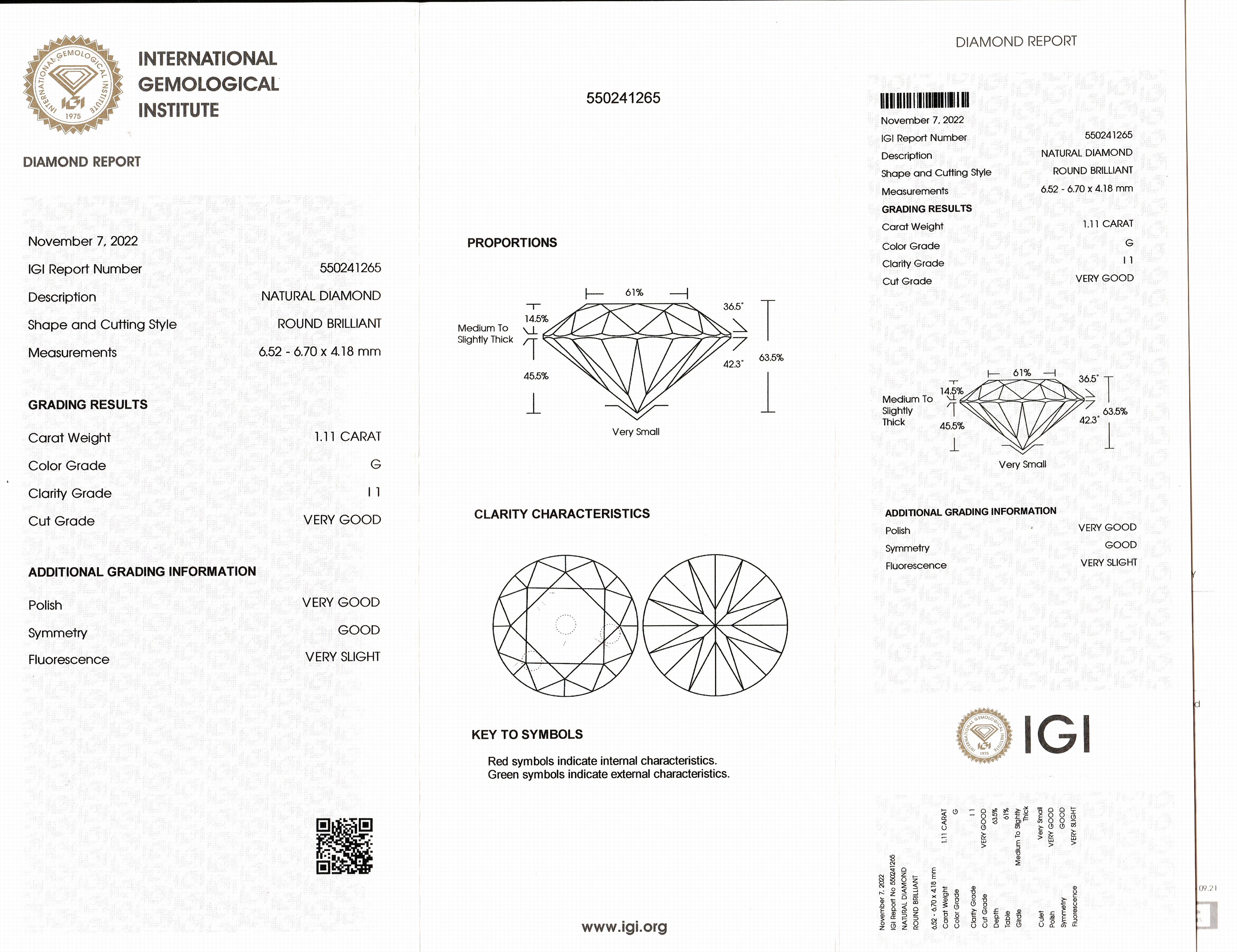 Detail a: Brillant 1.11 ct Weiß(H)/p1, eingeschweißt, IGI-Diamond-Report 11/2022