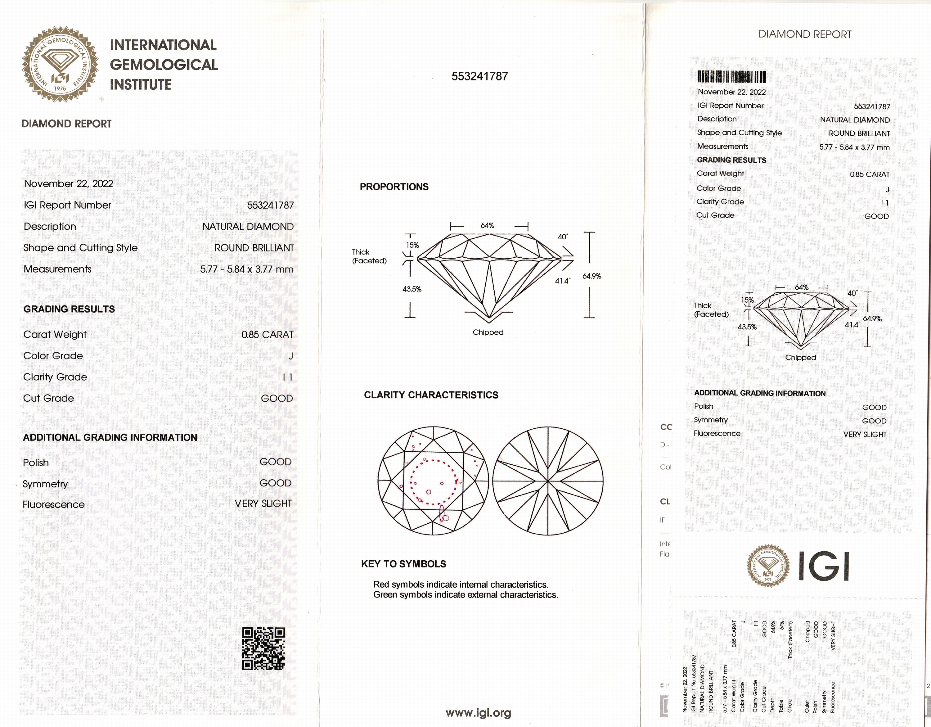 Detail a: Brillant 0.85 ct l.get.Weiß(J)/p1, eingeschweißt IGI-Diamond-Report 11/2022