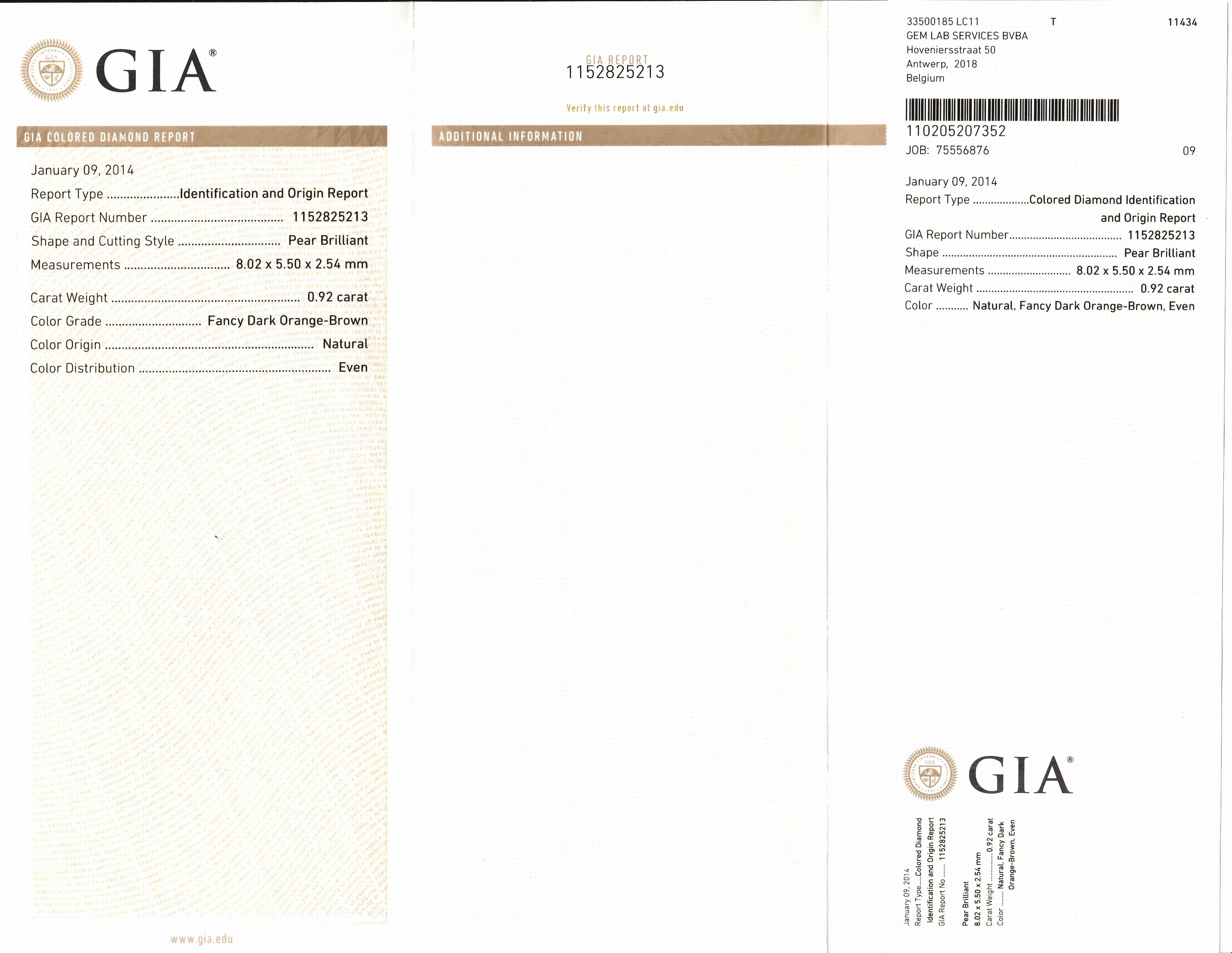 Detail a: Diamant-Tropfen 0.92 ct natural fancy Dark- Orange-Brown, Even, verschweißt, GIA-colored Diamond Report 01/2014