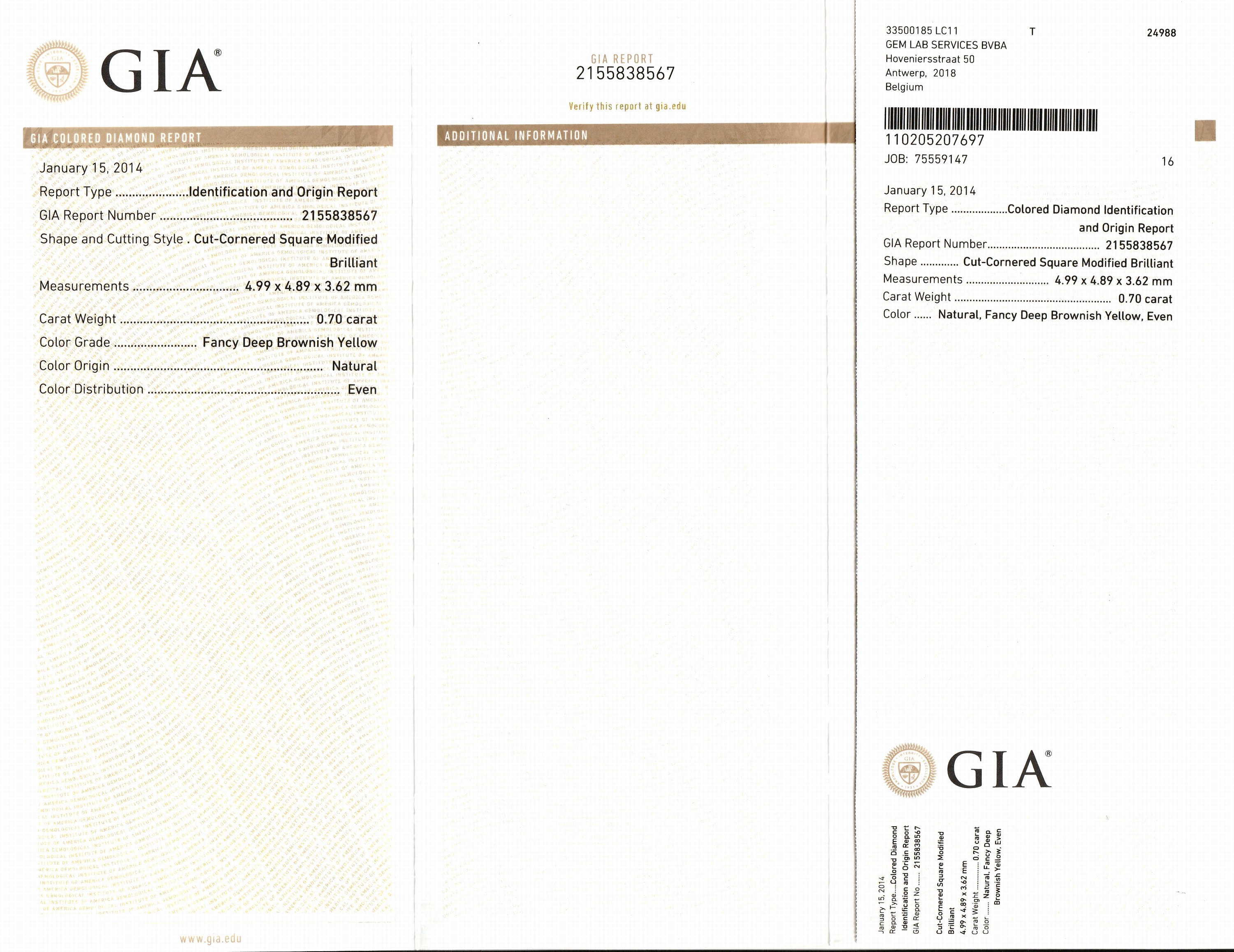 Detail a: Diamant Radiant 0.70 ct natural fancy deep brownish yellow, even, Cut-cornered square modified Brillant, 4.99 x 4.89 x 3.62 mm, eingeschweißt, GIA ...