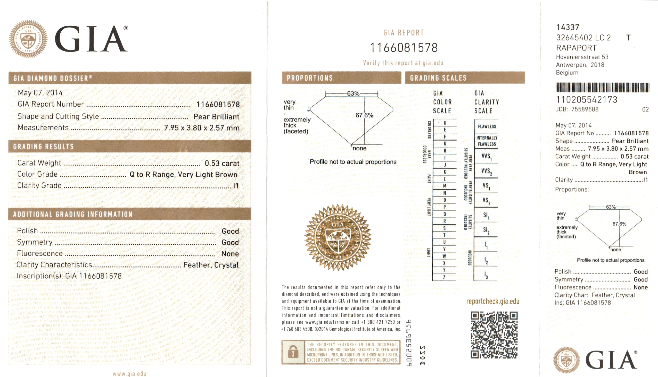 Detail a: Diamant Tropfen 0.53 ct very light Brown(Q-R)/p 1, 7.95 x 3.80 x 2.57 mm, eingeschweißt, GIA Diamond Dossier 05/2014