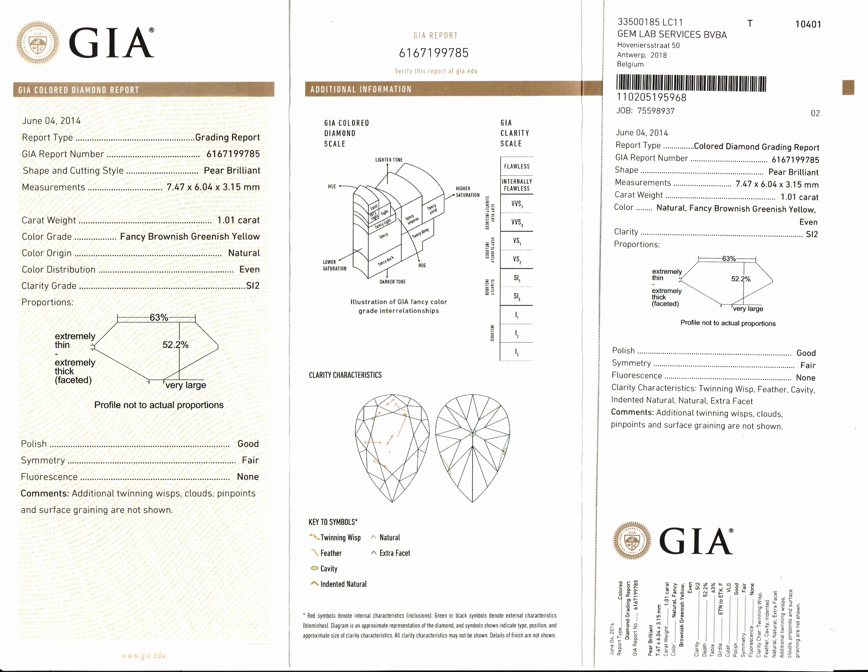 Detail a: Diamant Tropfen 1.01 ct natural fancy brownishgreenish Yellow, even/si 2, 7.47 x 6.04 x 3.15mm, eingeschweißt, GIA Colored Diamond Report