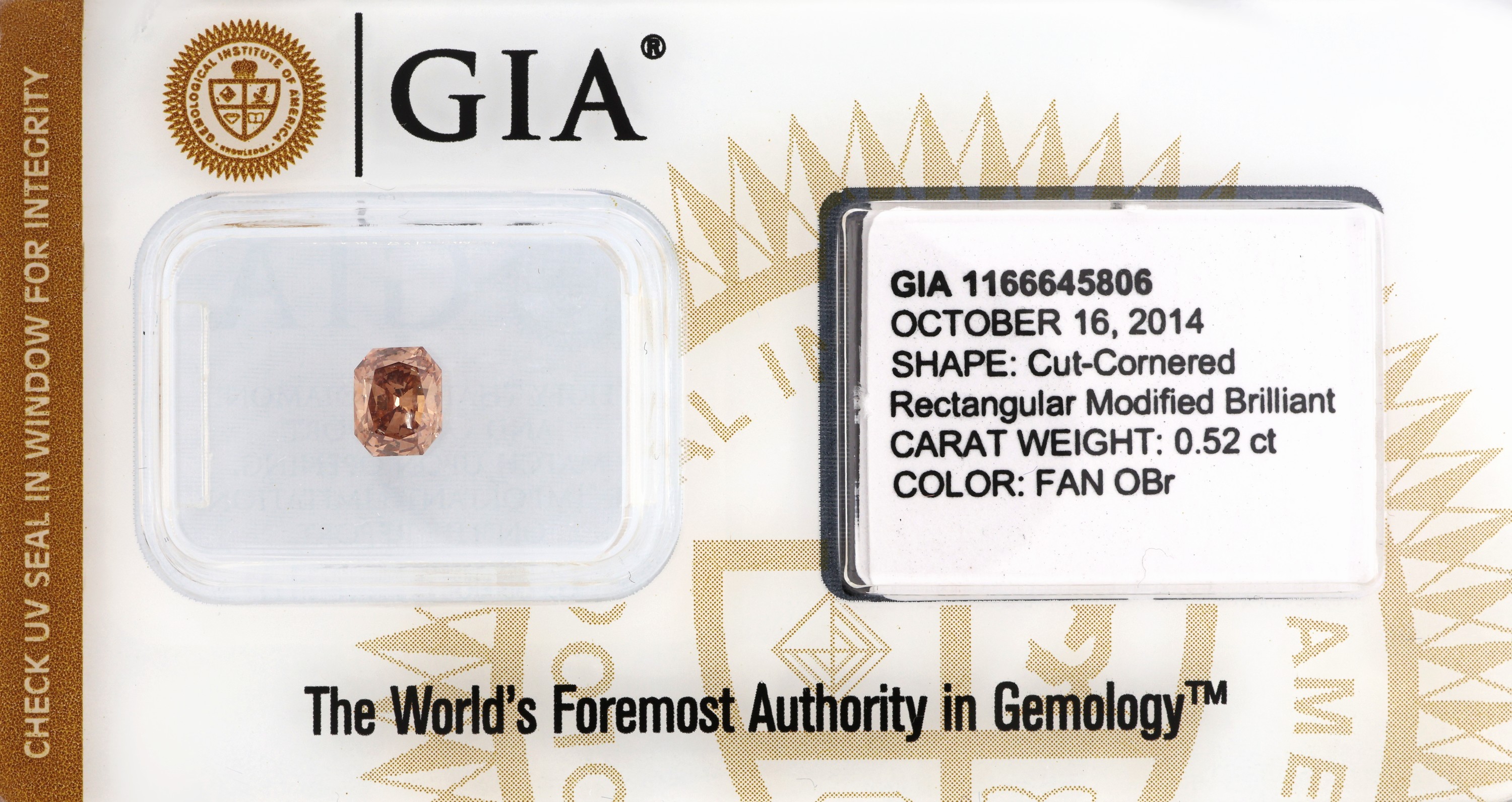 Diamant Radiant 0.52 ct natural, fancy Orange-Brown, even, cut-cornered rectangular modifiedBrillant 5.38 x 4.35 x 2.64 mm, eingeschweißt GIA ...