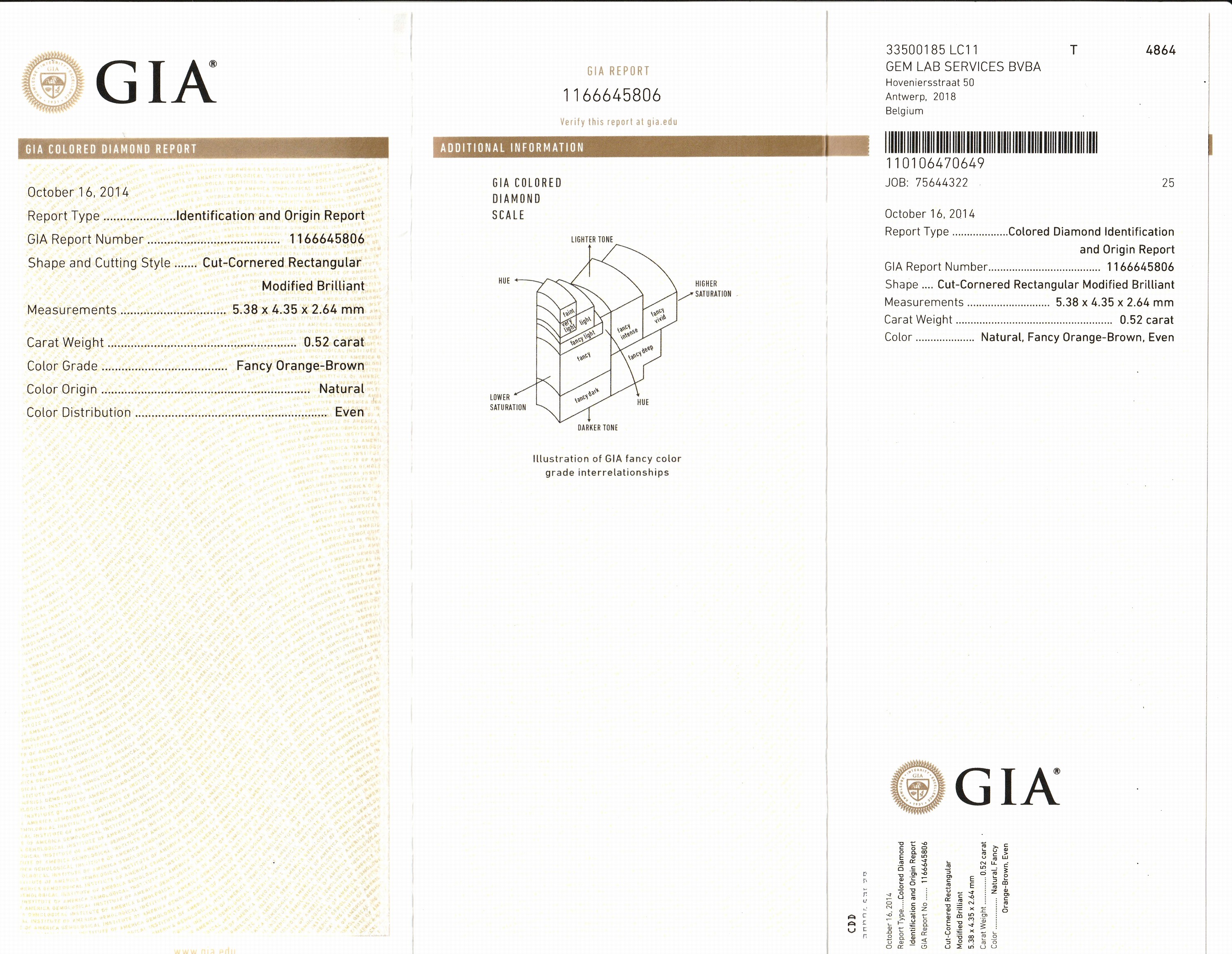 Detail a: Diamant Radiant 0.52 ct natural, fancy Orange-Brown, even, cut-cornered rectangular modifiedBrillant 5.38 x 4.35 x 2.64 mm, eingeschweißt GIA ...