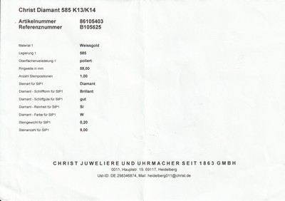 26972627a - 14 kt Gold CHRIST Brillant-Ring, WG 585/000, 9 Brillanten zus. ca. 0.20 ct ...