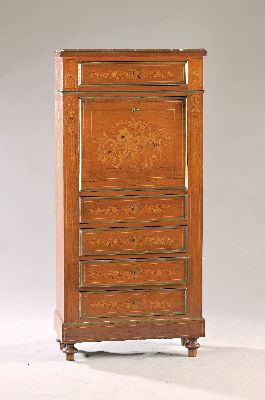 Image 26972653 - stand secretary, France, 19.th c., walnut veneer, oblique flap with floral marquetries, 5 ...