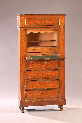 26972653a - stand secretary, France, 19.th c., walnut veneer, oblique flap with floral marquetries, 5 ...