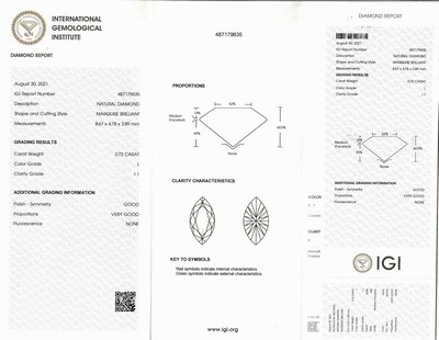 26972676a - Diamant Navette 0.72 ct get.(L)/p1, eingeschweißt, IGI-Diamond-Report 08/2021