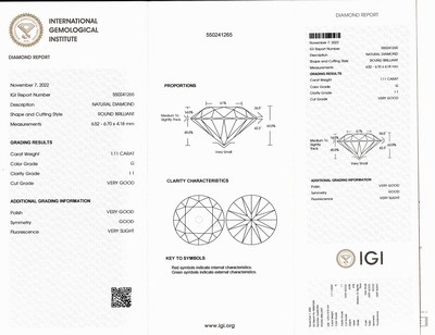 26972680a - Brillant 1.11 ct Weiß(H)/p1, eingeschweißt, IGI-Diamond-Report 11/2022