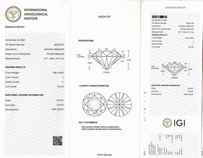 26972681a - Brillant 0.85 ct l.get.Weiß(J)/p1, eingeschweißt IGI-Diamond-Report 11/2022