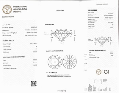 26972682a - Brillant 0.75 ct get.(M)/p1, eingeschweißt, IGI-Diamond-Report 06/2023