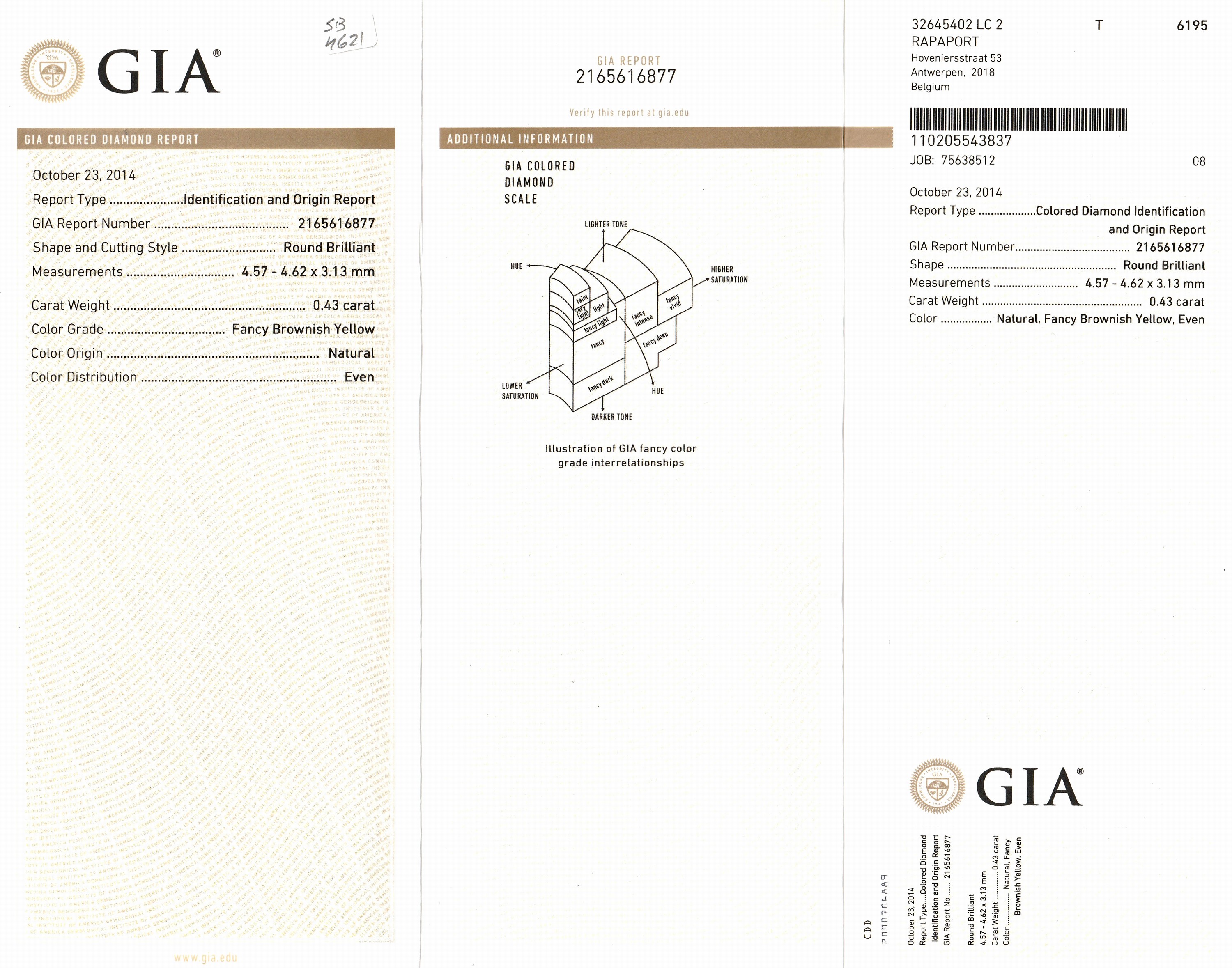 Detail a: Brillant 0.43 ct natural fancy brownish, even,eingeschweißt GIA colored Diamond Report 10/2014