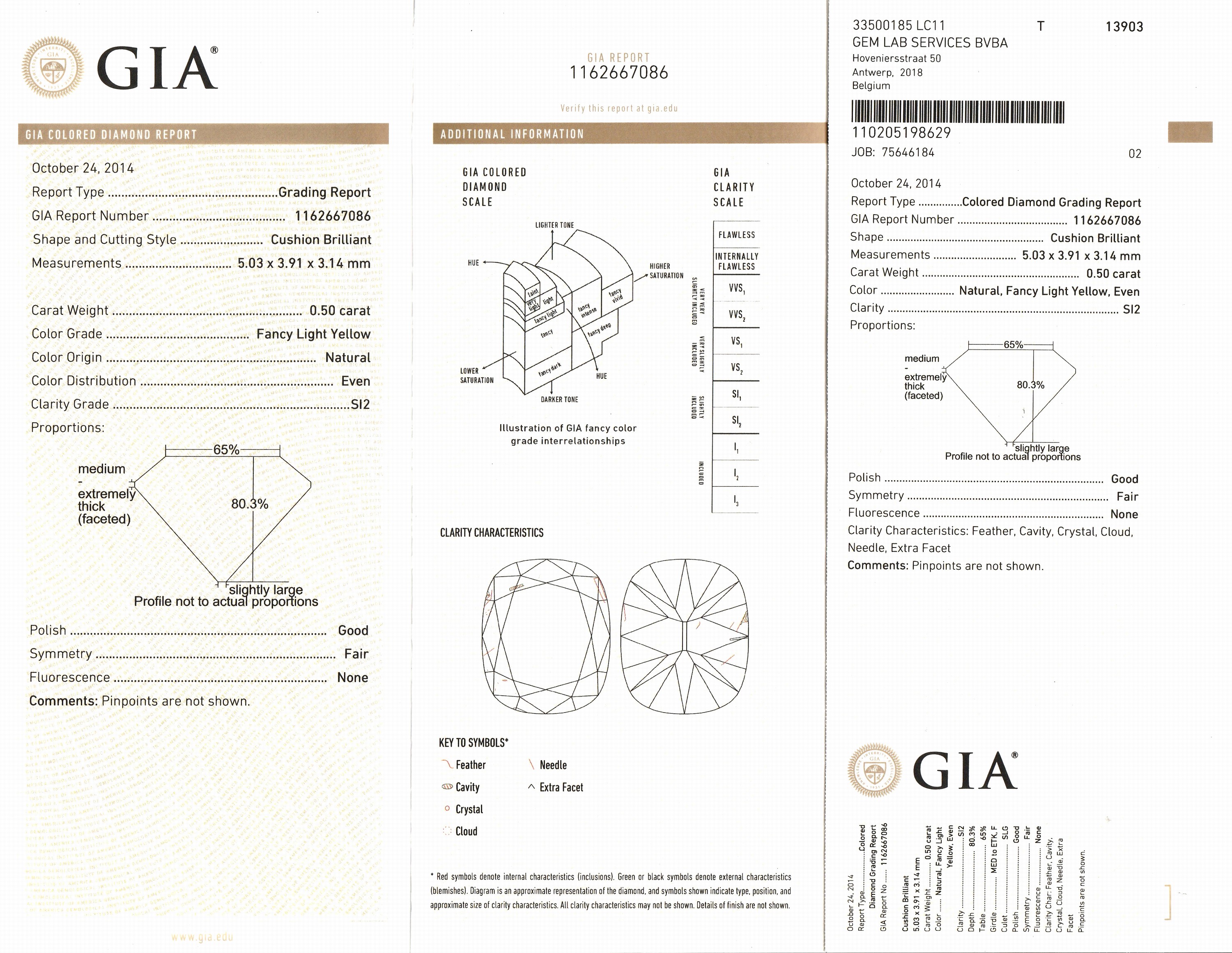 Detail a: Diamant im Kissenschliff 0.50 ct natural fancy light Yellow, even/si 2, 5.03 x 3.91 x 3.14 mm, eingeschweißt, GIA colored Diamond Report 12/2014