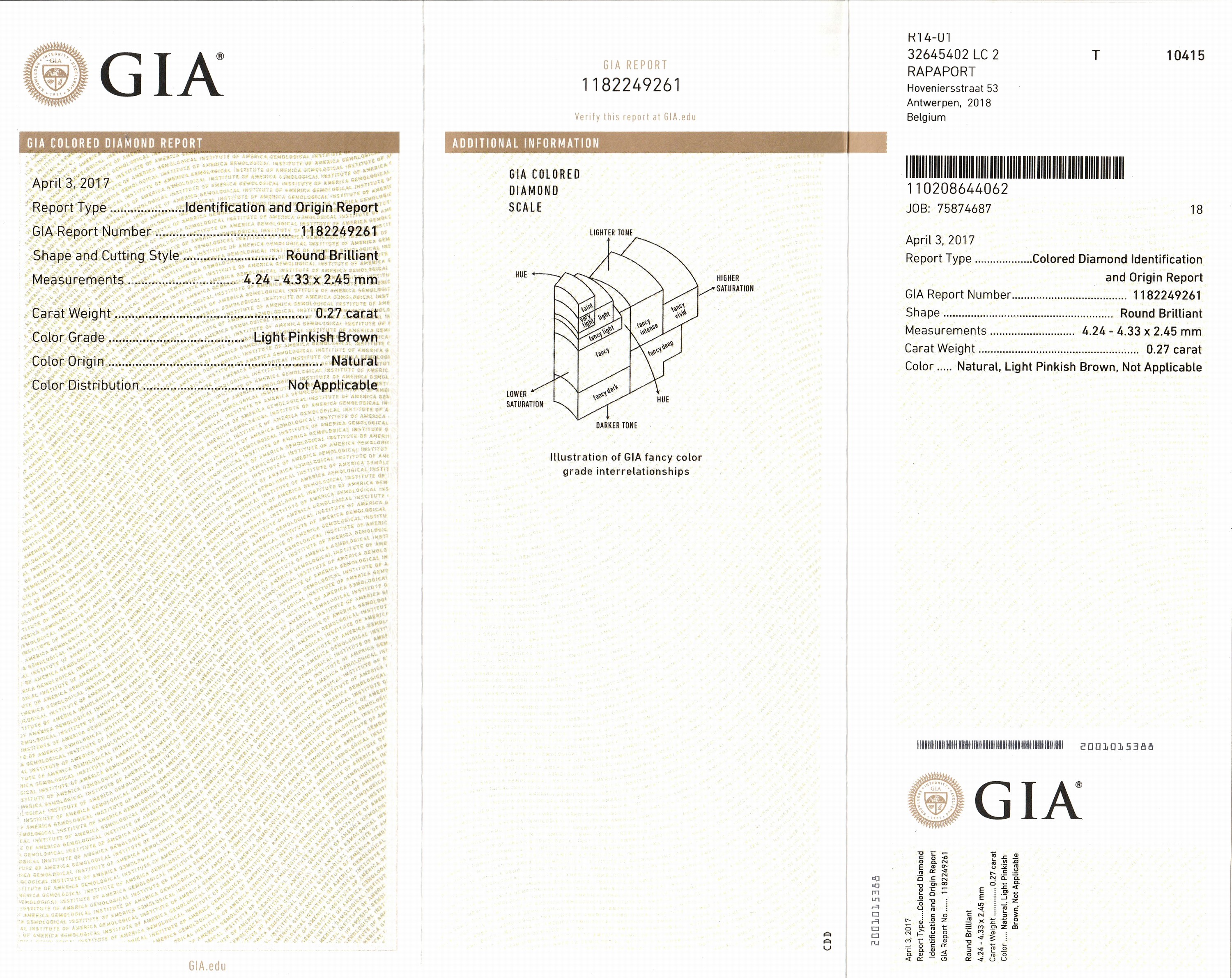 Detail a: Brillant 0.27 ct natural light pinkish Brown, eingeschweißt, GIA colored Diamond Report 04/2017