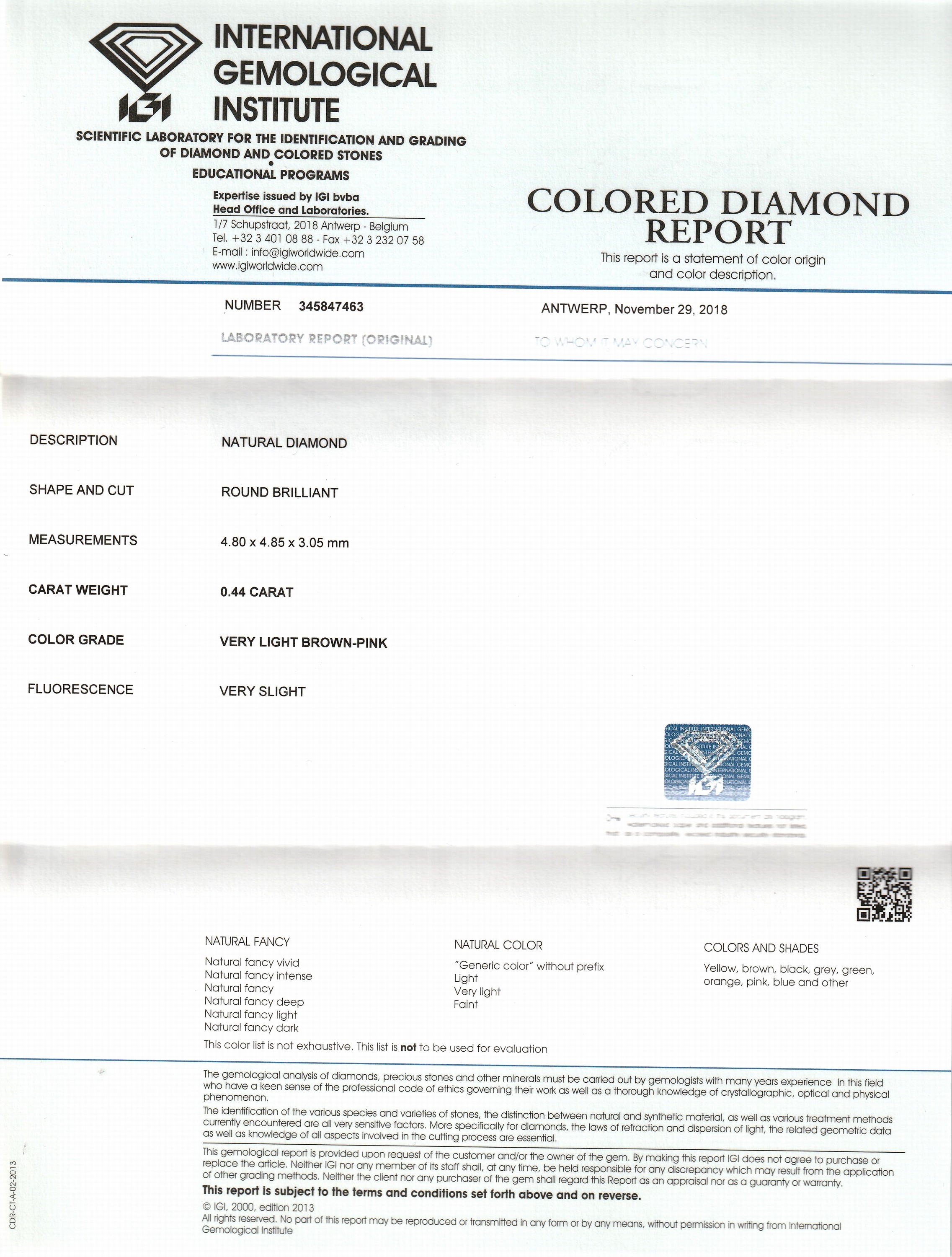 Detail c: Loser Brillant 0.44 ct very light Brown-Pink, IGI Colored Diamond Report 11/2018
