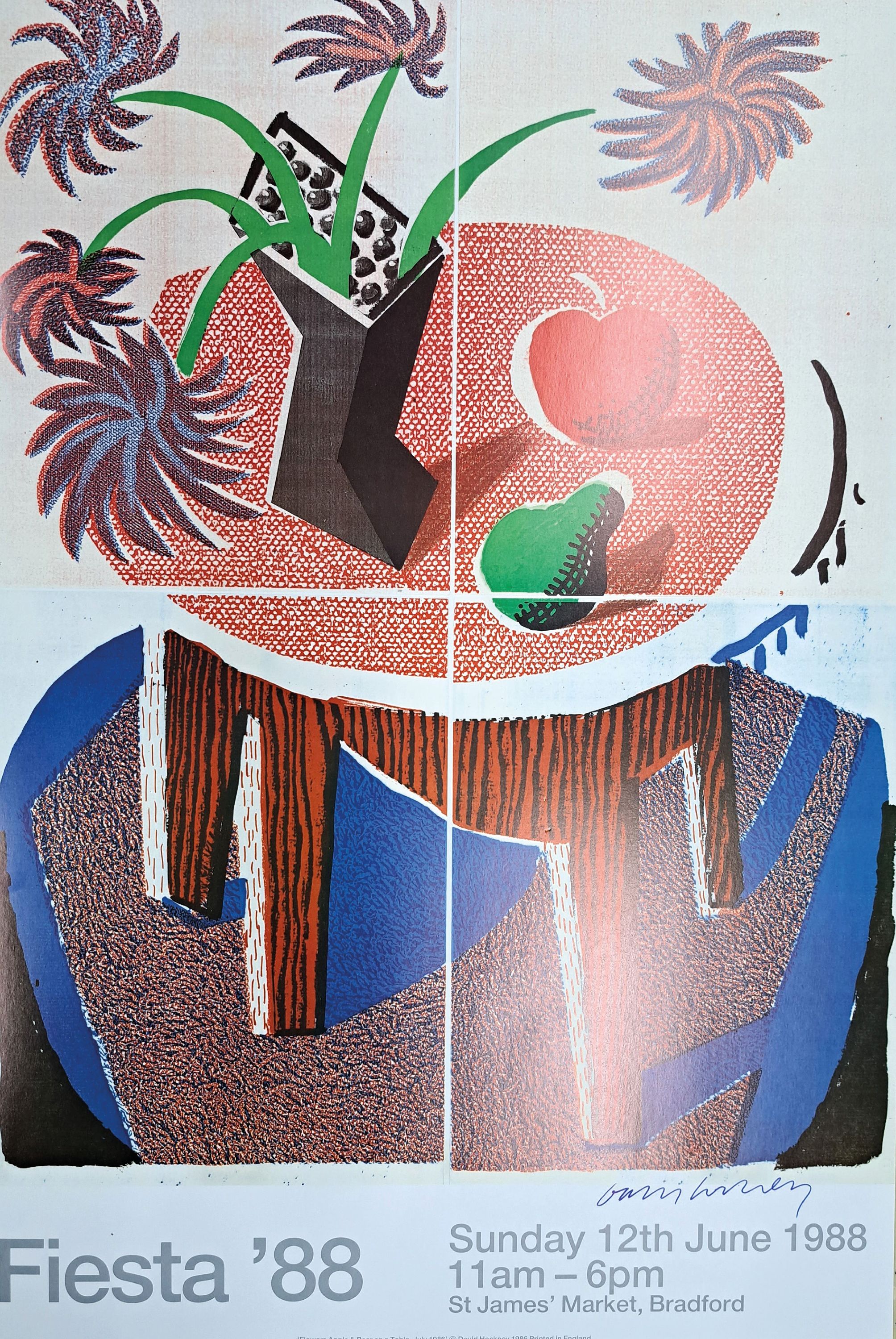David Hockney, geb. 1937, "Apple, Flowers and Pear on a Table", St. James´ Market, Bradford 1988, handsign., Offsetlithografie, ca. 63x43 ...