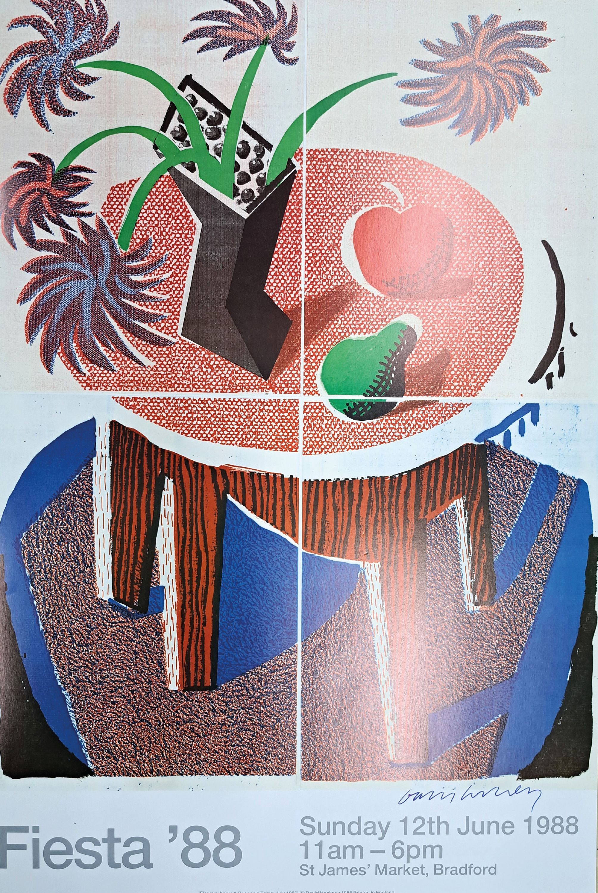 Detail k: David Hockney, geb. 1937, "Apple, Flowers and Pear on a Table", St. James´ Market, Bradford 1988, handsign., Offsetlithografie, ca. 63x43 ...