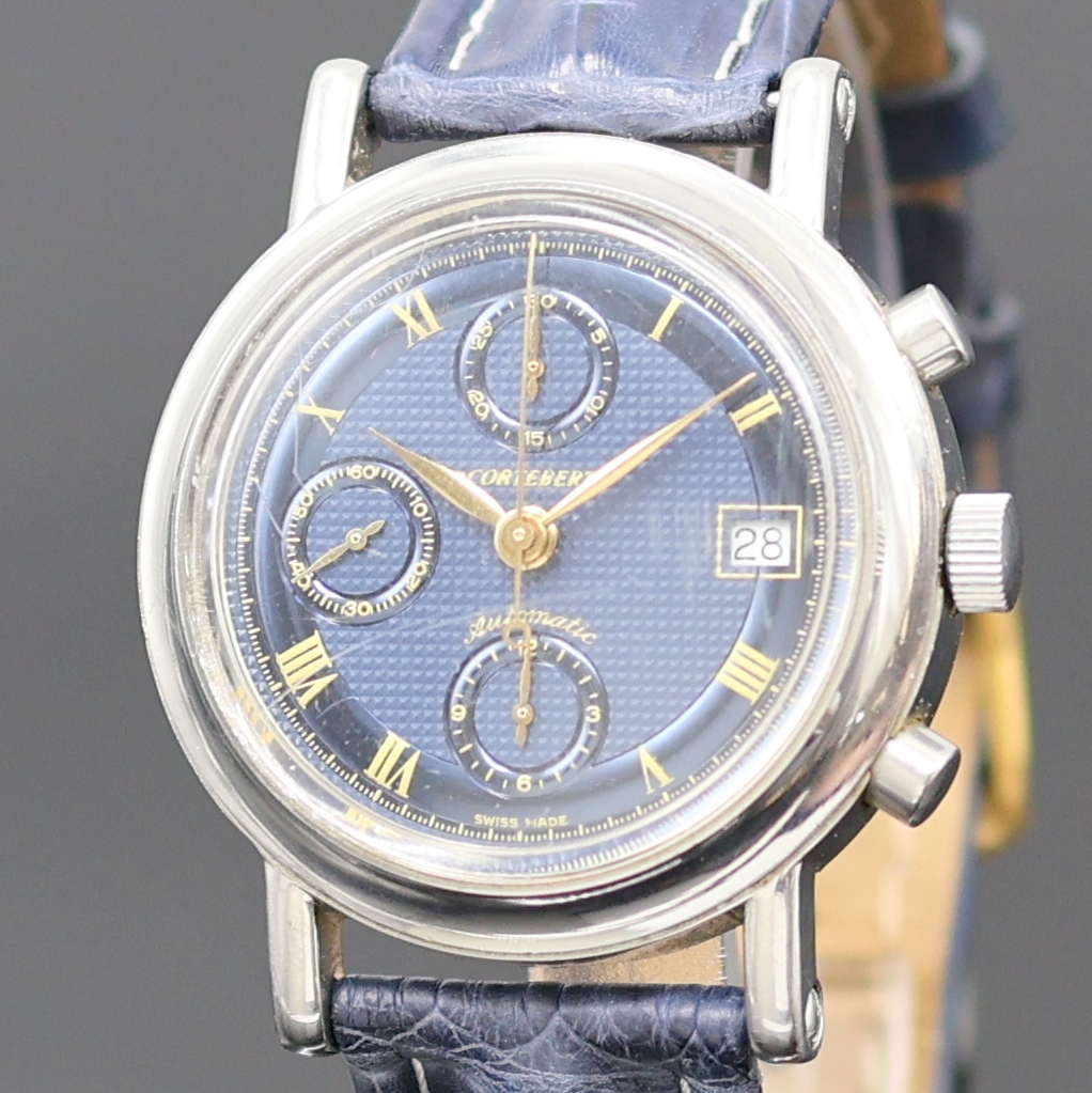 Detail a: CORTEBERT Armbandchronograph, Automatik, Schweiz um 1990, Edelstahlgeh., Boden verschr., blues, im Zentrum guill. Zifferbl. m. röm. Std., gold. ...