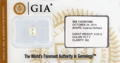 Image 26972706 - Diamant im Kissenschliff 0.50 ct natural fancy light Yellow, even/si 2, 5.03 x 3.91 x ...