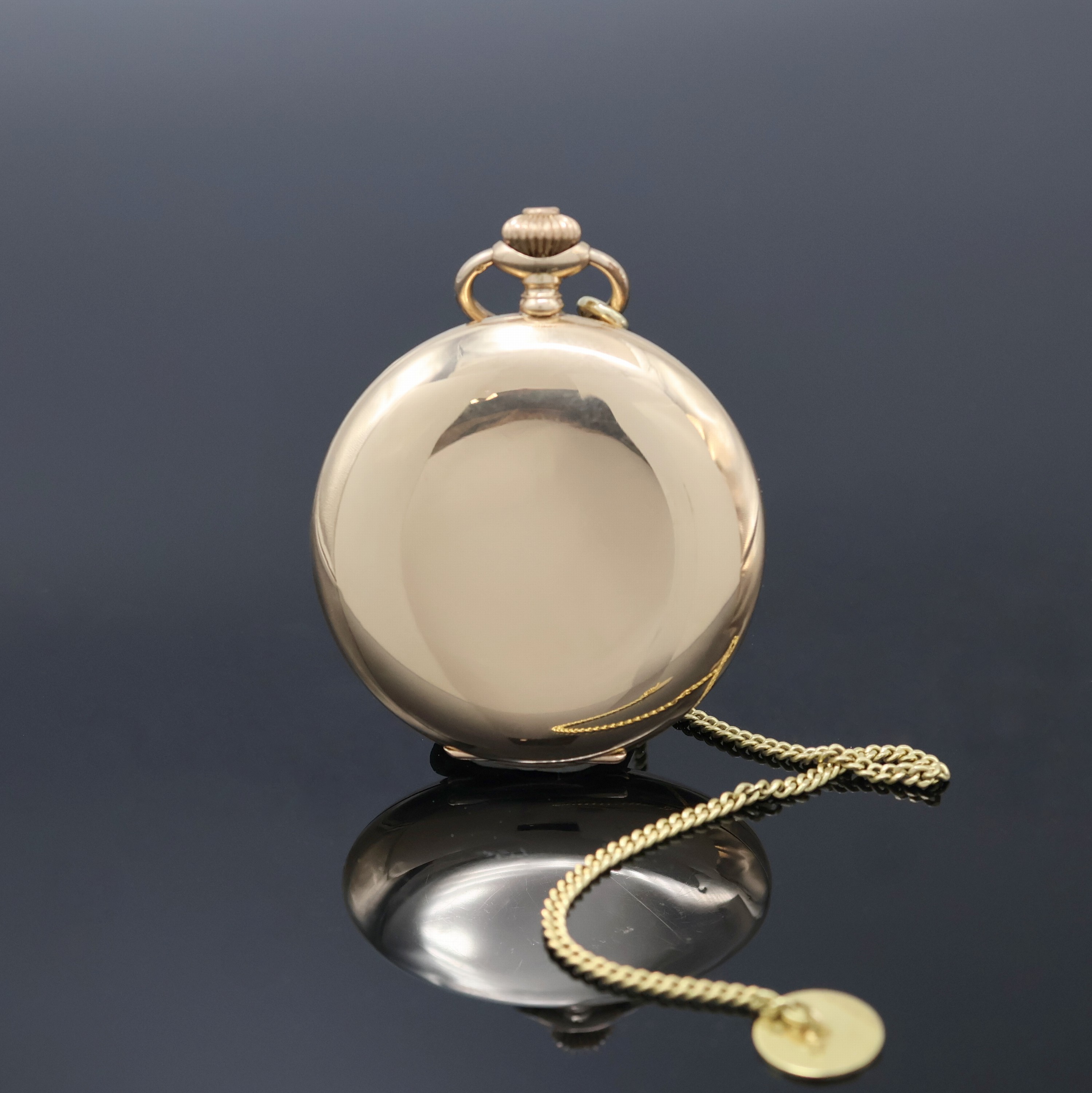Detail b: BUREN Savonette Herrentaschenuhr in RG 585/000 an GG 333/000 Kette, Schweiz um 1920, glattes 3-Deckel Goldgeh. dell., gold. Metallzifferbl. m. arab. ...