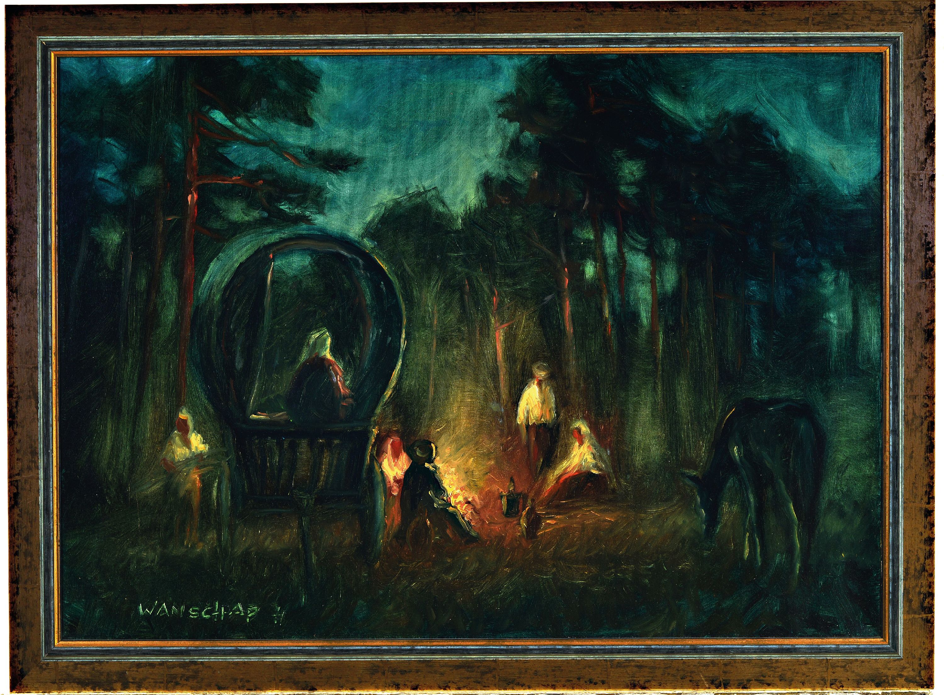 Detail k: Helmut Wanschap, 1911 Berlin-1987 Kusel, Stimmungslandschaft, Reisende am Lagerfeuer, Öl/Lwd, signiert, Rahmen, 58x80 cm