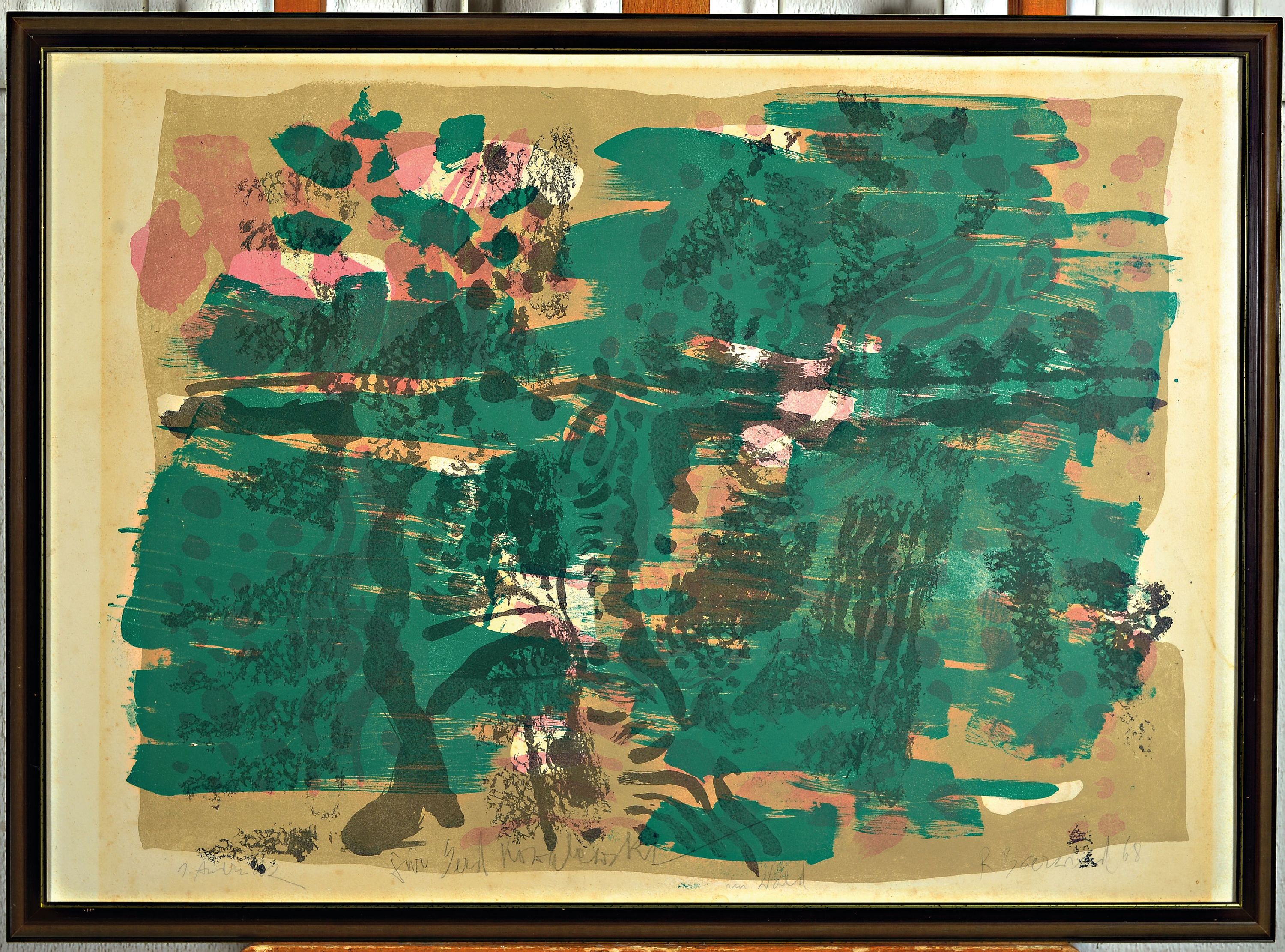 Detail k: Rudi Baerwind, 1910-1982 Mannheim, Farblithographie, "im Wald" 1968, 1. Abdruck von 2, handsigniert, gebräunt, unter Glas gerahmt 54x75 cm