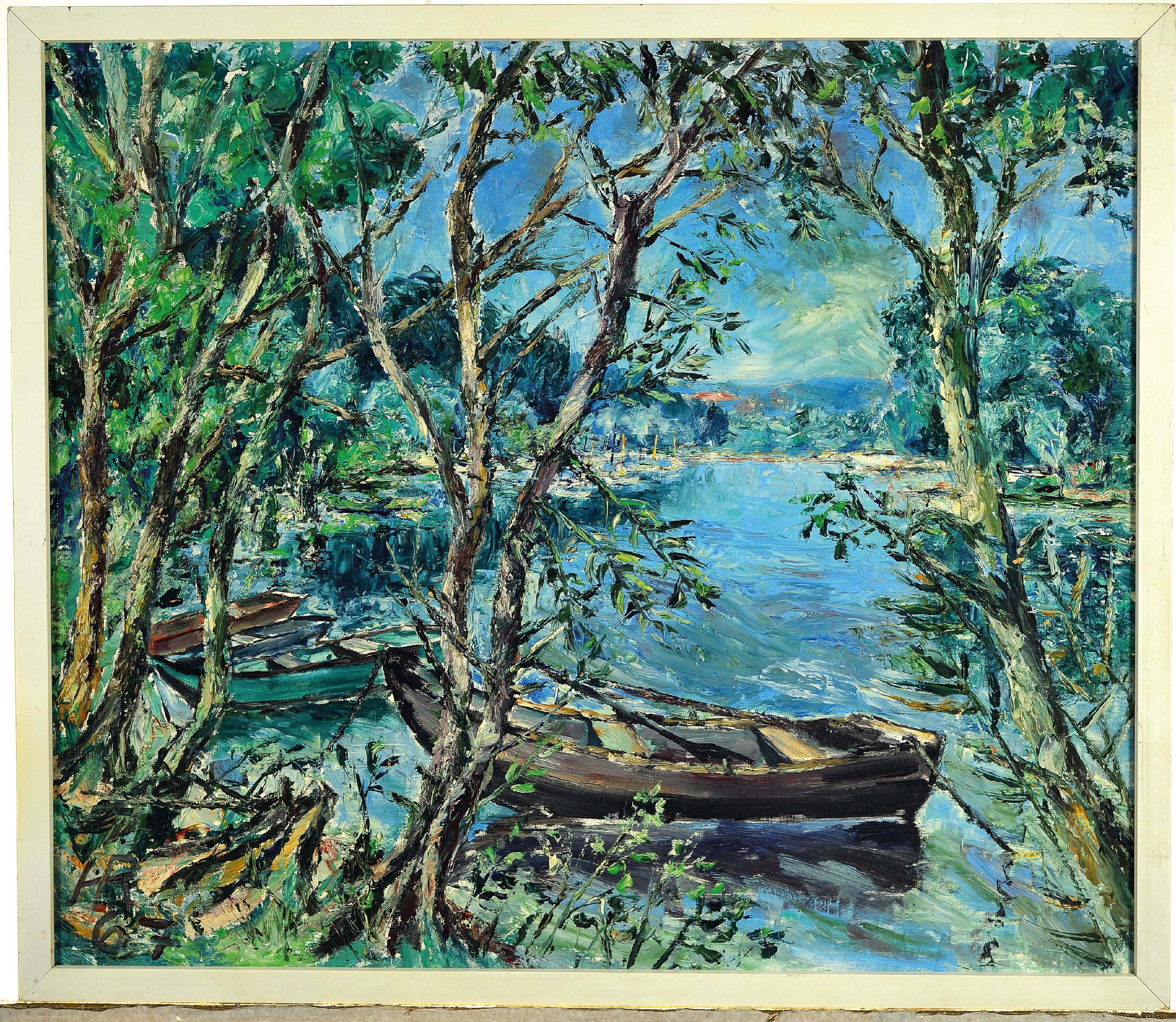 Detail k: Heinz Reiss, 1923 Haßloch-2008, am Altrhein, links unten monogrammiert und datiert 1967, Öl/Platte, schmaler Rahmen 63x73 cm